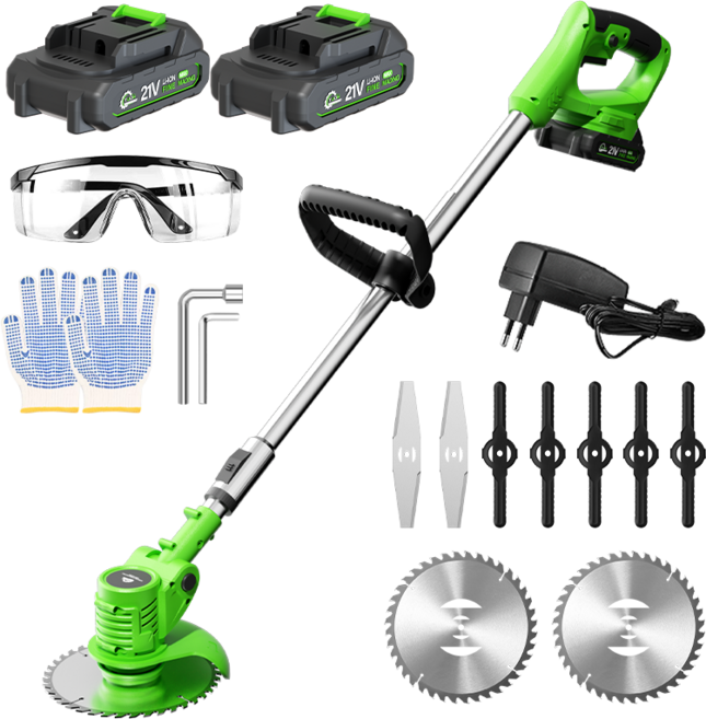 독일기술 21V 무선 전동 충전 예초기 제초기 전기 잔디깍기 한손 초강력 고출력 미니 잡초제거 YUON, 녹색2배터리+수납봉지, 1개