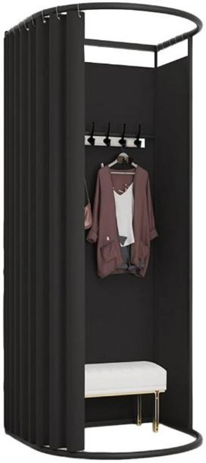 可移動獨立更衣室 簡約隔間屏風 附掛衣桿與層板, 麻絨布-黑色