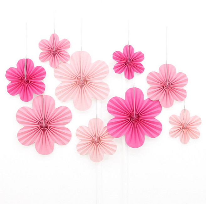 파티짱 플라워 페이퍼 팬 세트 행잉 데코 파티 가랜드 장식, 5잎꽃 핑크, 1개