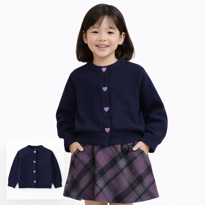 퍼플 하트 디자인 라운드넥 긴소매 유아 여아 남아 키즈 주니어 신생아 봄 여름 가을 가디건