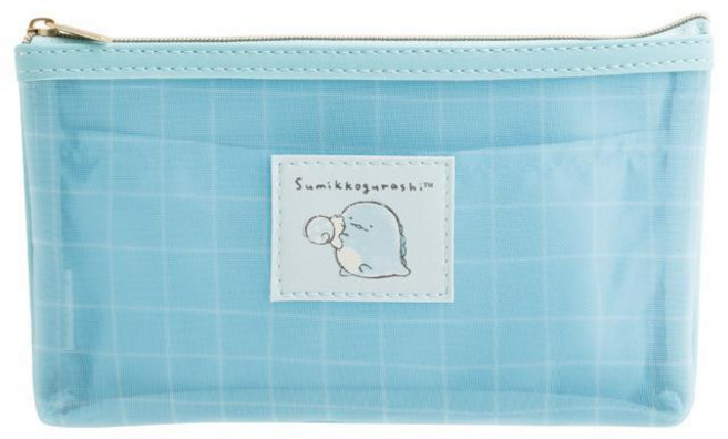 Sumikkogurashi 角落生物 尼龍網紗雙材質鉛筆盒筆袋 藍恐龍款 日本進口, 1個, 01.藍恐龍 PT19603, 藍色