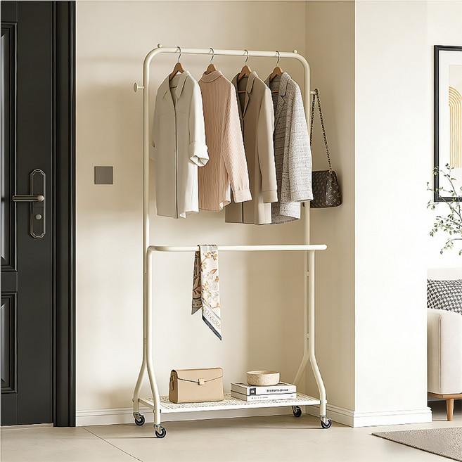 크림색 스탠드 행거 바퀴 달린 이동식 옷걸이 수납 선반 포함