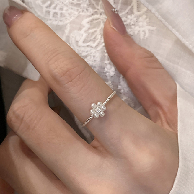 여성 로맨틱 러블리 플라워 진주 포인트 레이어드 오픈 링 반지 A2644