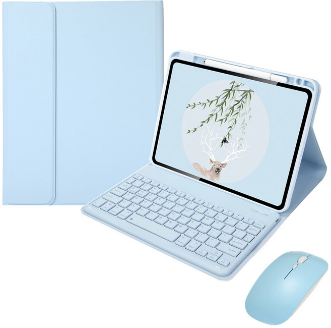 적용 갤럭시 탭 한글각인 키보드 케이스 +블루투스 마우스, 하늘색