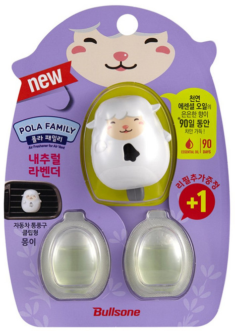 폴라패밀리 자동차 통풍구형 방향제 몽이 라벤더향 본품+리필, 1개, 내추럴라벤더