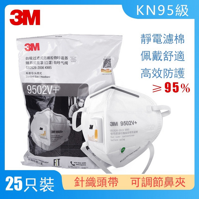 3M口罩 9502 /9502V 頭戴式不勒耳朵 N95級 防粉塵顆粒物 帶閥透氣夏天, 1個, 環保裝頭戴有閥【25入/袋】9502V+