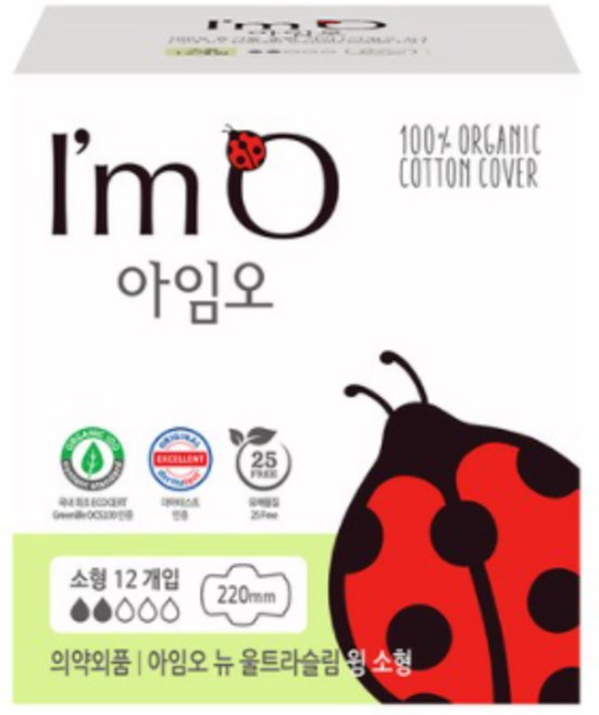 아임오 뉴 유기농 순면커버 울트라슬림 윙 생리대 날개형, 소형, 12개입, 3개