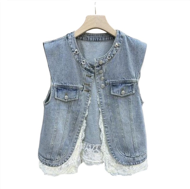 여성 레이스 데님 베스트 민소매 데님 재킷