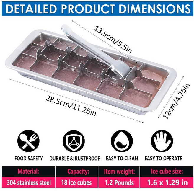 얼음트레이 실리콘얼음틀 제빙기 스테인레스 스틸 아이스 큐브 트레이 메이커 냉동고 사각형 몰드 도구 우유 및 음료 냉각, 1개, Silver