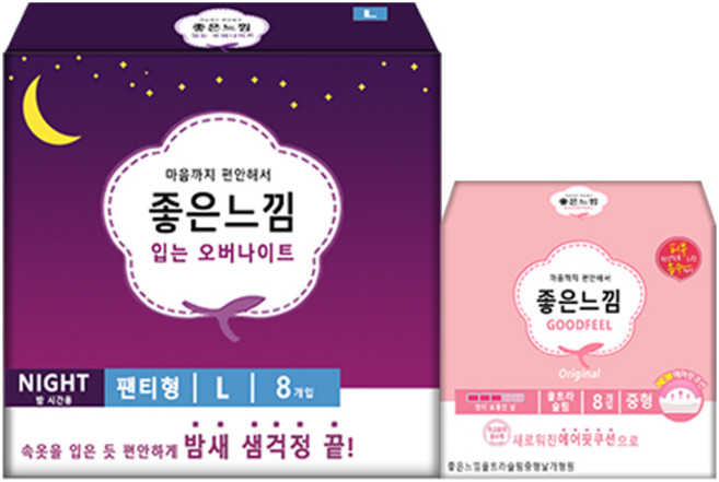 좋은느낌 입는 오버나이트 팬티형 L 8p + 좋은느낌 에어핏쿠션 중형 8p, 1세트, 1개