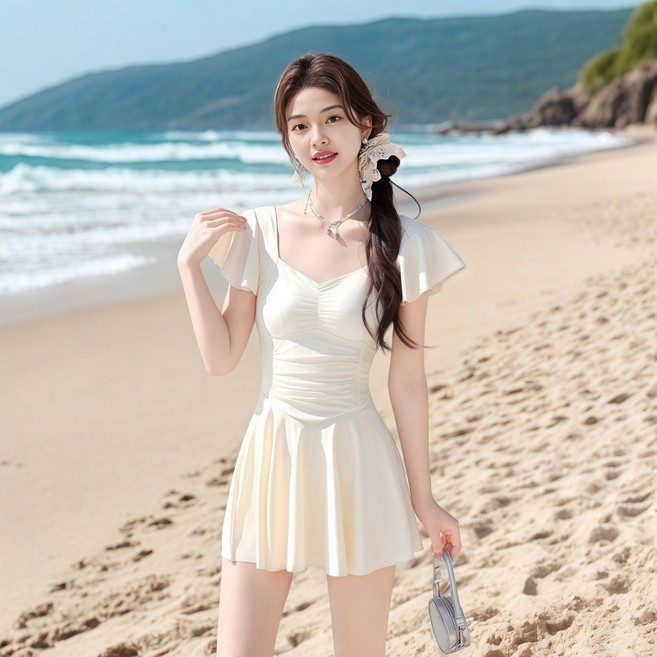 吊帶連體泳衣 女 純欲風 高級感 保守 顯瘦 遮肉 韓版 少女 溫泉 海邊 游泳衣, 7763米色,M42.5 47.5公斤