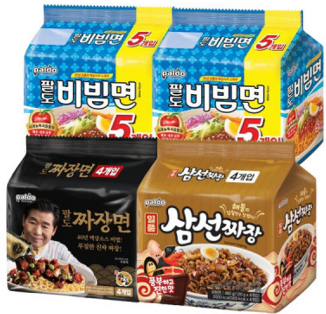 팔도 비빔면 2팩 + 일품 삼선짜장 + 팔도 짜장면(총18봉), 팔도 비빔면 2팩 일품 삼선짜장 팔도 짜장면 총18봉