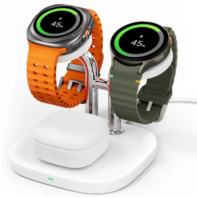 SwanScout 704S 갤럭시 워치 듀얼 충전기 2대 동시 충전 안정적인 거치형 이어폰 호환, 화이트, 1개