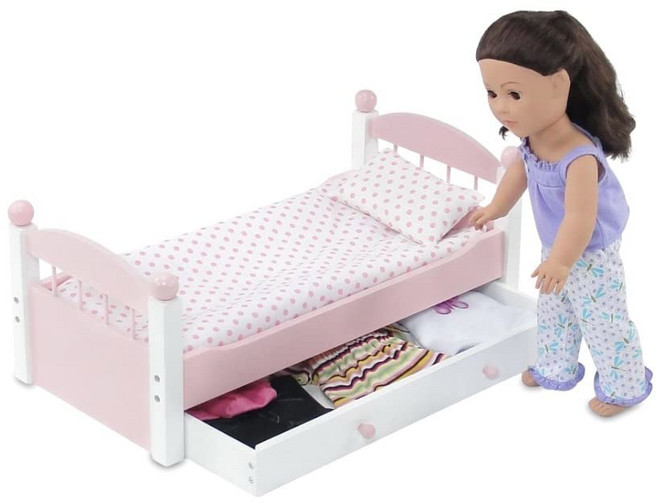 EMILY ROSE 45.7CM(18인치) 인형 핑크 트런들 서랍 있는 침대 3피스 가구 미국 침실 보관 세트 디자인 소녀 쌓을 적합 침구 인형에 수 - 나무 및 풀아웃