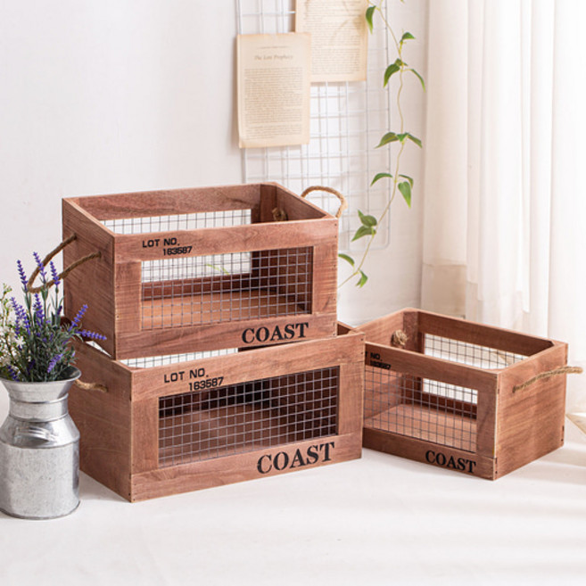 [데코봉봉] 철망 우드박스 (2호) 중 1P 소형 정리함 우드 상자 다용도 빈티지 캠핑 박스 수납함, 브라운