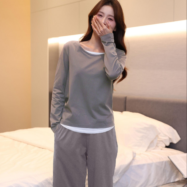 Vecoo 잠옷 남성용 여성 실내복 라운드넥 긴팔 남녀 공용 베이직 빅사이즈 커플 파자마 루즈핏 수면잠옷