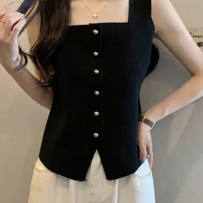 해피유통 여성 스퀘어넥 솔리드 슬림 앞트임 숏 나시 gdwx