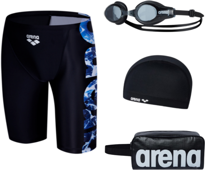 [국내매장판] 아레나 빅웨이브 남성 4부 수모 수경 손가방 세트 / 남자 수영 모자 수영복 수영장 물안경 아쿠아 래쉬가드