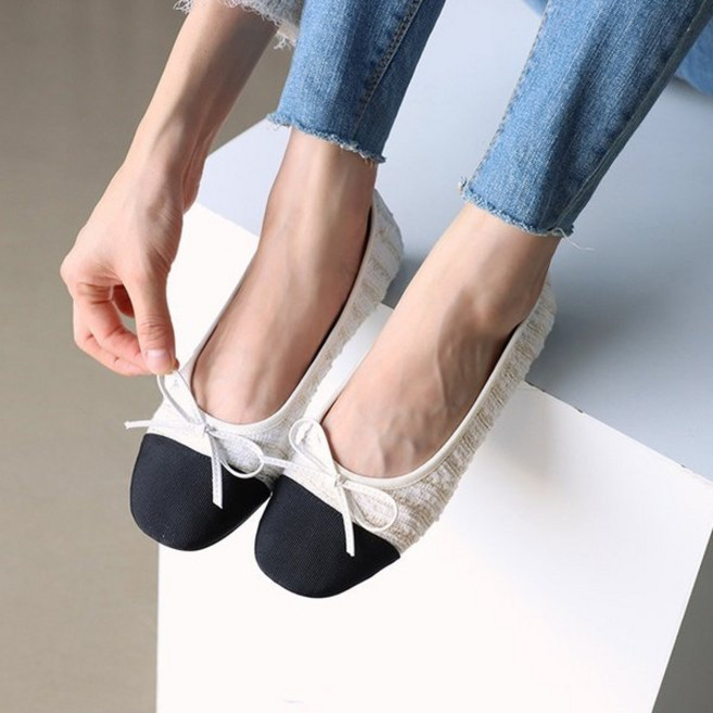 바닐라슈 로세즈 트위드 배색콤비 리본 플랫슈즈 1cm