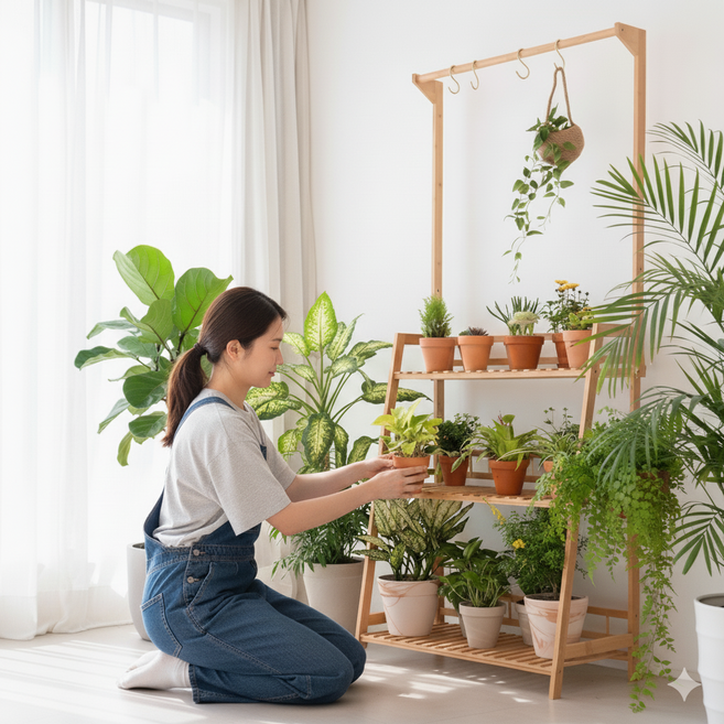친절한마이쮸 3단 원목 화분선반 식물 거치대 진열대 정리대, 행거형