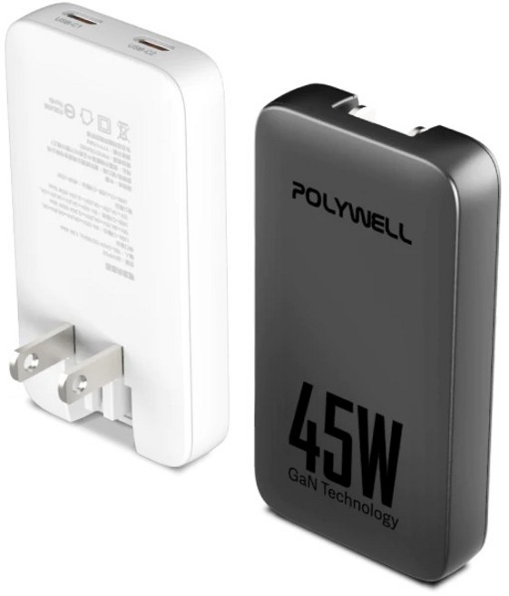 POLYWELL 45W GaN 氮化鎵雙Type-C輕薄充電器 摺疊插腳, 65W(白色), 1個