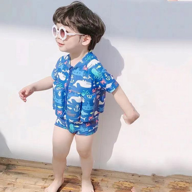 兒童連體浮力泳衣 可愛卡通海紋 男童女童寶寶泳裝, 藍色浮力泳衣