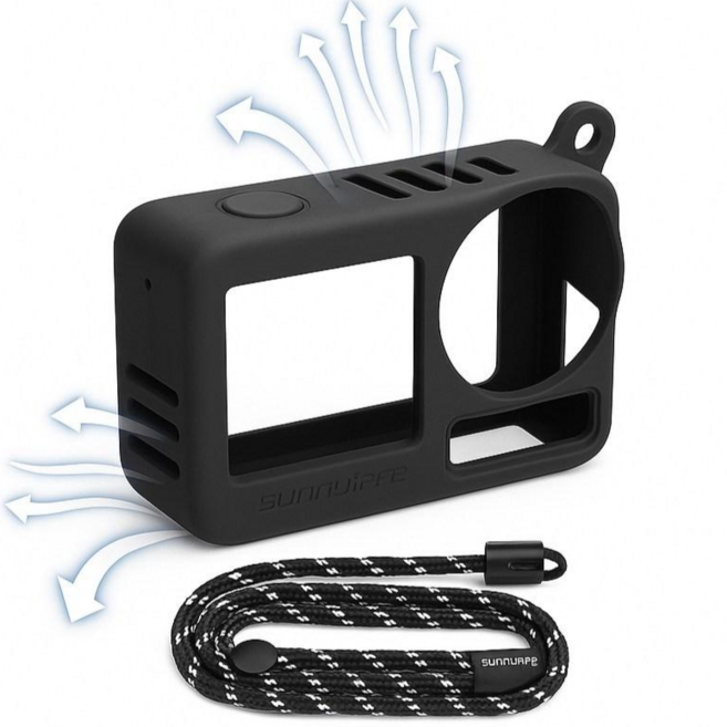 써니라이프 DJI 오즈모 액션5 프로 실리콘 컬러커버케이스+스트랩 액션 카메라 보호 커버 악세사리, 블랙