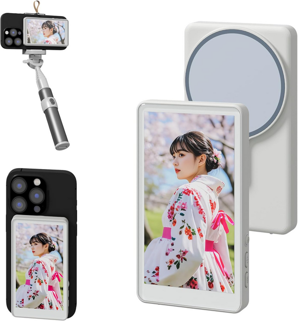 아이스크린 스마트폰 후면 카메라 셀카 모니터 | 마그네틱 무선 미러링 액정 | 4K 고화질 브이로그 유튜브 촬영 필수템 | 아이폰 갤럭시 호환, 1개, 화이트