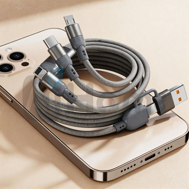 USB充電線 三合一 Lightning / Type-C / Micro USB 銅芯編織線, 灰色, 1個, 118cm