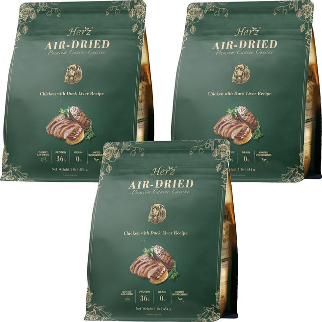 Herz 赫緻 美饌低溫風乾犬糧, 3袋, 454g, 嫩雞佐頂級鴨肝