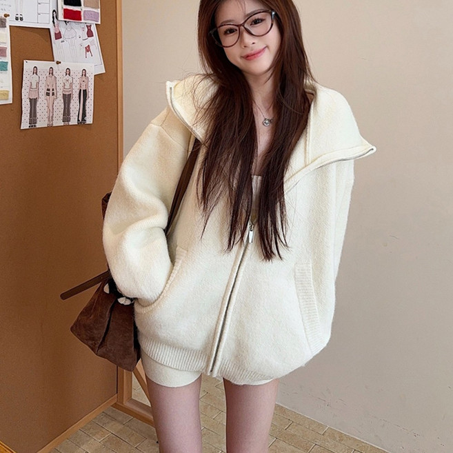 여성용 투웨이 후드 니트 집업 루즈핏 긴팔 가디건