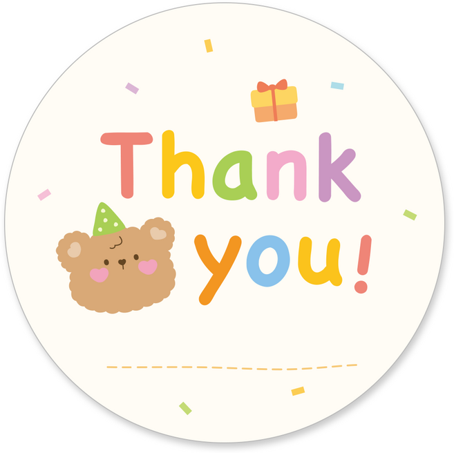 [꼬모멜로소] 땡큐 스티커 원형 55mm 선물 포장 답례 생일 축하 감사 데코스티커, 50개, 땡큐-베어