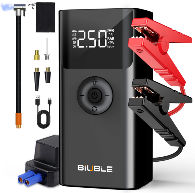 BIUBLE 3000A 점프스타터 올인원 타이어 공기압 주입기 대용량 보조배터리 지원 오토바이 점프 가능+스마트 점프 케이블, 1개, 14800mAh