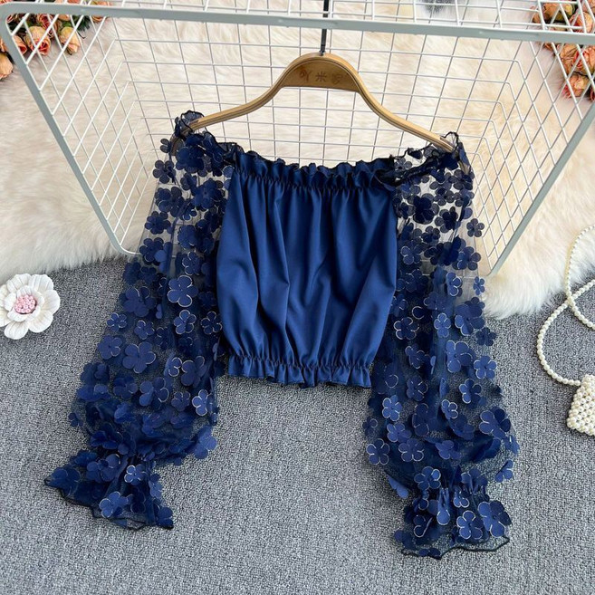 페이준 여성 봄가을 일자 어깨 입체 꽃 시스루 망사 패치 블라우스 루즈핏 쇼트 오프숄더 상의 GJ4154