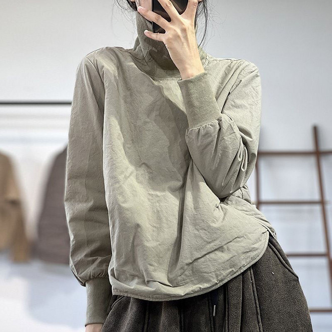 JUSTFEELING 가을 겨울 보온 하이넥 패딩맨투맨 루즈핏 날씬해보이는 방한 여성의류 간절기 박시핏 솜패딩 긴팔 맨투맨 상의 ~3XL까지