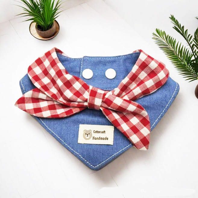 하니펫 반려동물 귀요미스카프 데님 체크 케이프, 1개, 레드