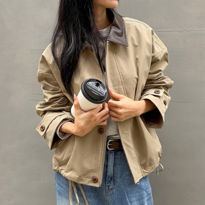 여성용 코튼 레더 배색 카라 워크 자켓 (3color)