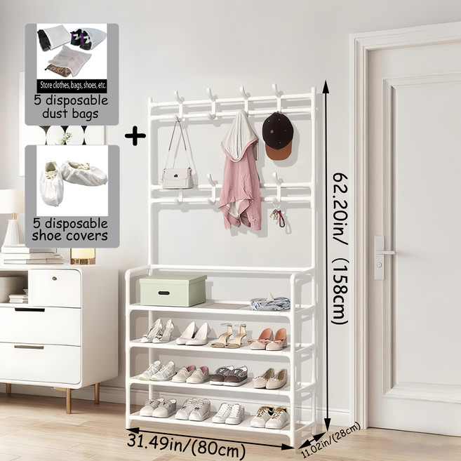 다기능 모자 선반 8 탈부착 갈고리 스테인레스 스틸 독립형 신발 및 옷 수납장 방진 수납층 신발에 적용 가능한 거실 및 침실 금속 정리 수납장 3, 흰색, 4 층
