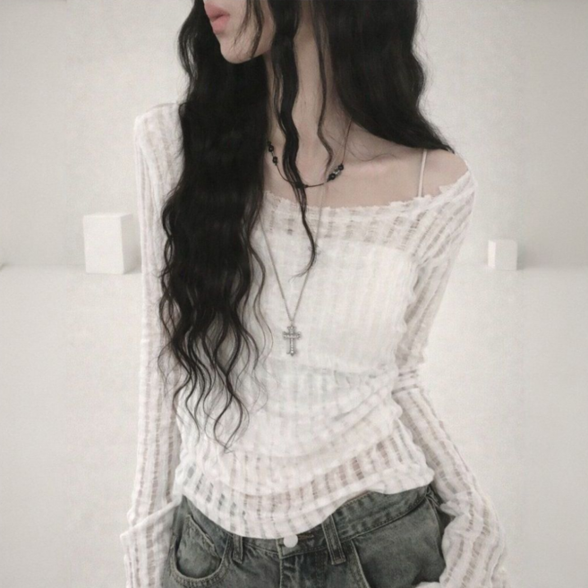 씨케이 여리여리 시스루 골지 니트 오프숄더