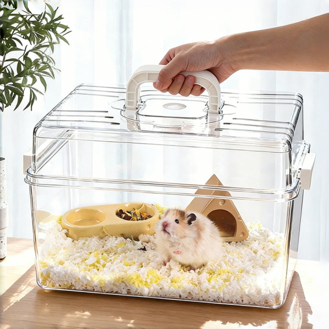Fowod 대형 통풍 투명 햄스터 파충류 하우스 집 외출 휴대용 이동장 햄스터용품, 1개, 투명 L