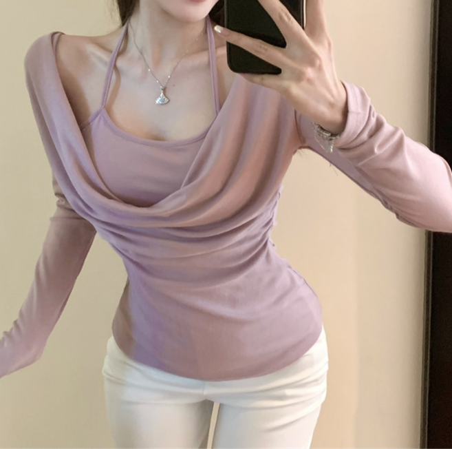 레티고 섹시 페이크 홀터넥 셔링 긴팔 티셔츠