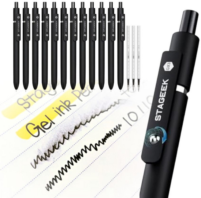 STAGEEK 퀵드라이 왼손잡이펜 블랙 젤펜 매끄러운 볼펜, 1세트, 블랙(12pcs+3)