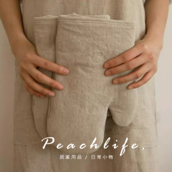 peachlife 日式復古亞麻隔熱手套 加厚防燙手套 廚房烤箱微波爐適用, 1個, 1雙2入