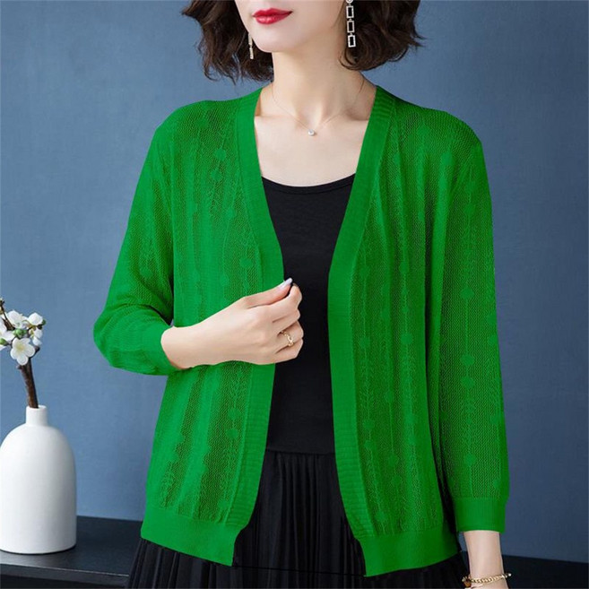 besteffie 여성용 여름 가디건 루즈핏 무지 브이넥 루즈핏 얇은 자외선차단 펀칭 통기성 시원한 중년여성 빅사이즈 엄마옷 카디건 C58