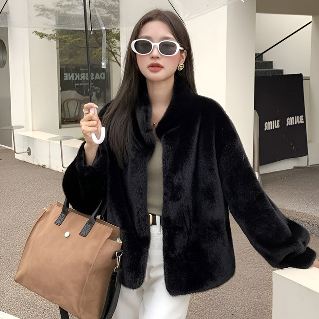 라뷰드 루즈핏 페이크퍼 숏자켓 여성 겨울 하이넥 퍼자켓 캐주얼 스탠드 카라 털자켓