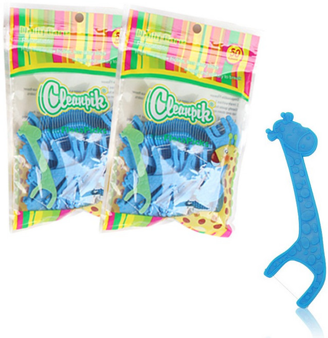 클린픽 일회용치실 키즈플로스픽스 블루 어린이치실 유아용, 2개, 50개입, 7.3cm