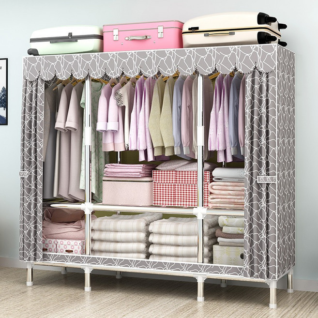 簡易衣櫥 收納架 鋼管滌綸布衣櫃, 灰色,長130寬45高170CM 【加粗加厚鋼