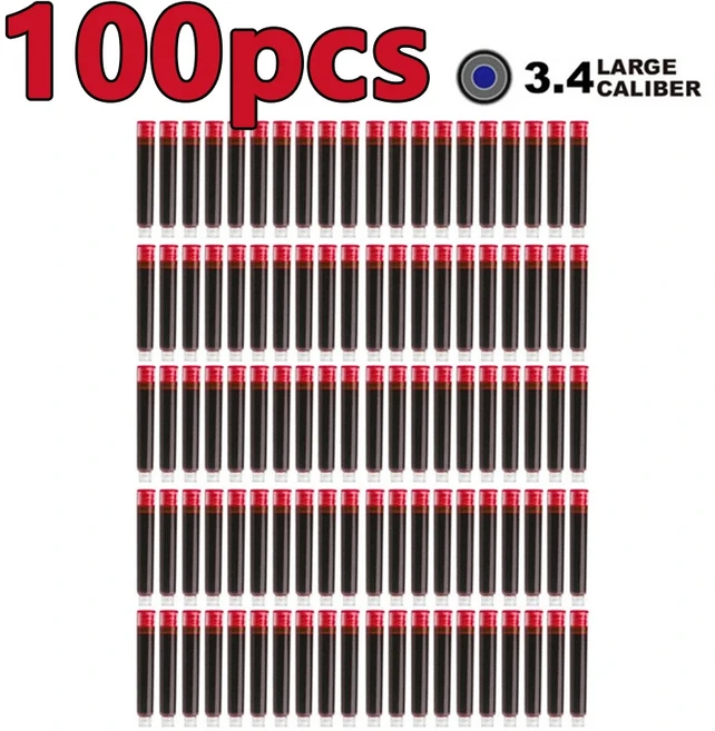 만년필 잉크 카트리지 세트 블랙 레드 리필 부드러운 필기를 위한 보어 직경 2.6mm 50개, 04 3.4mm 100pcs red