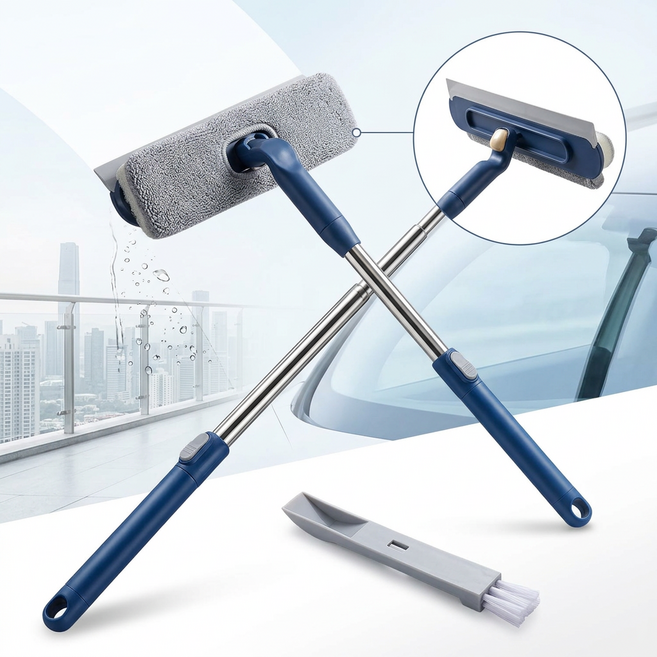 유리창 청소 도구 극세사천 만능 연장 창문 청소기 닦이 틈새 브러시 증정, 푸른 색, 1세트