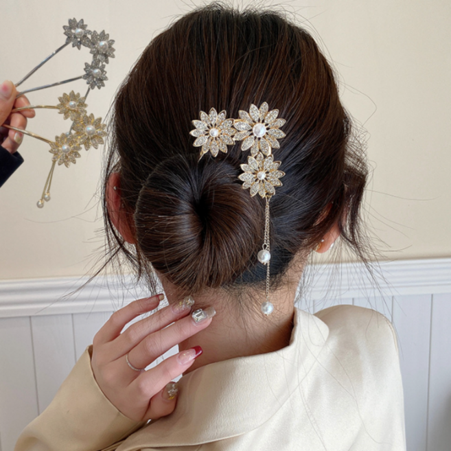어썸H 플라워 비녀 핀 큐빅 진주 U라운드 올림머리 고정 업스타일